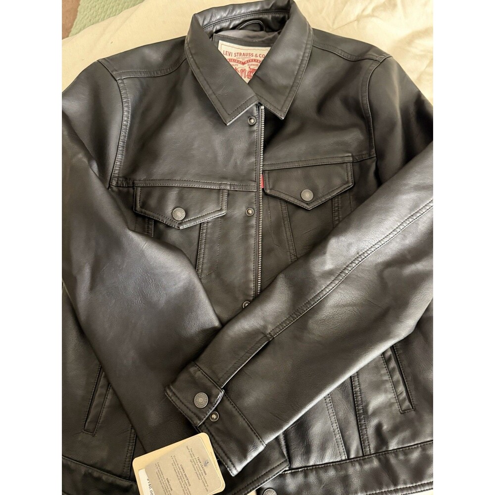 NWT Levi's Black Faux Leather Racing Trucker Full Zip Jacket Men's Small